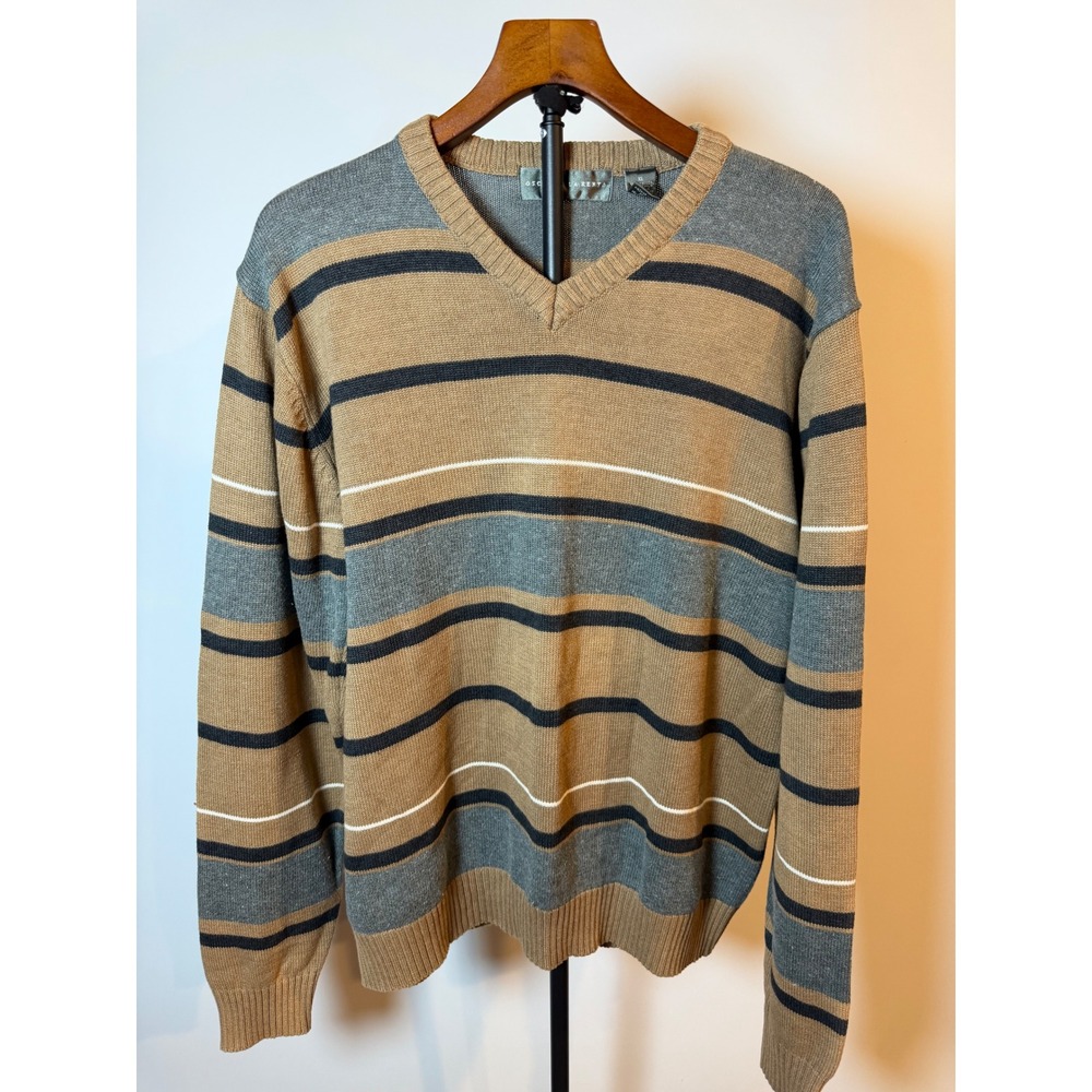 Oscar de la Renta Mens XL V-Neck Striped Sweater Tan Grey Cotton Blend Knit